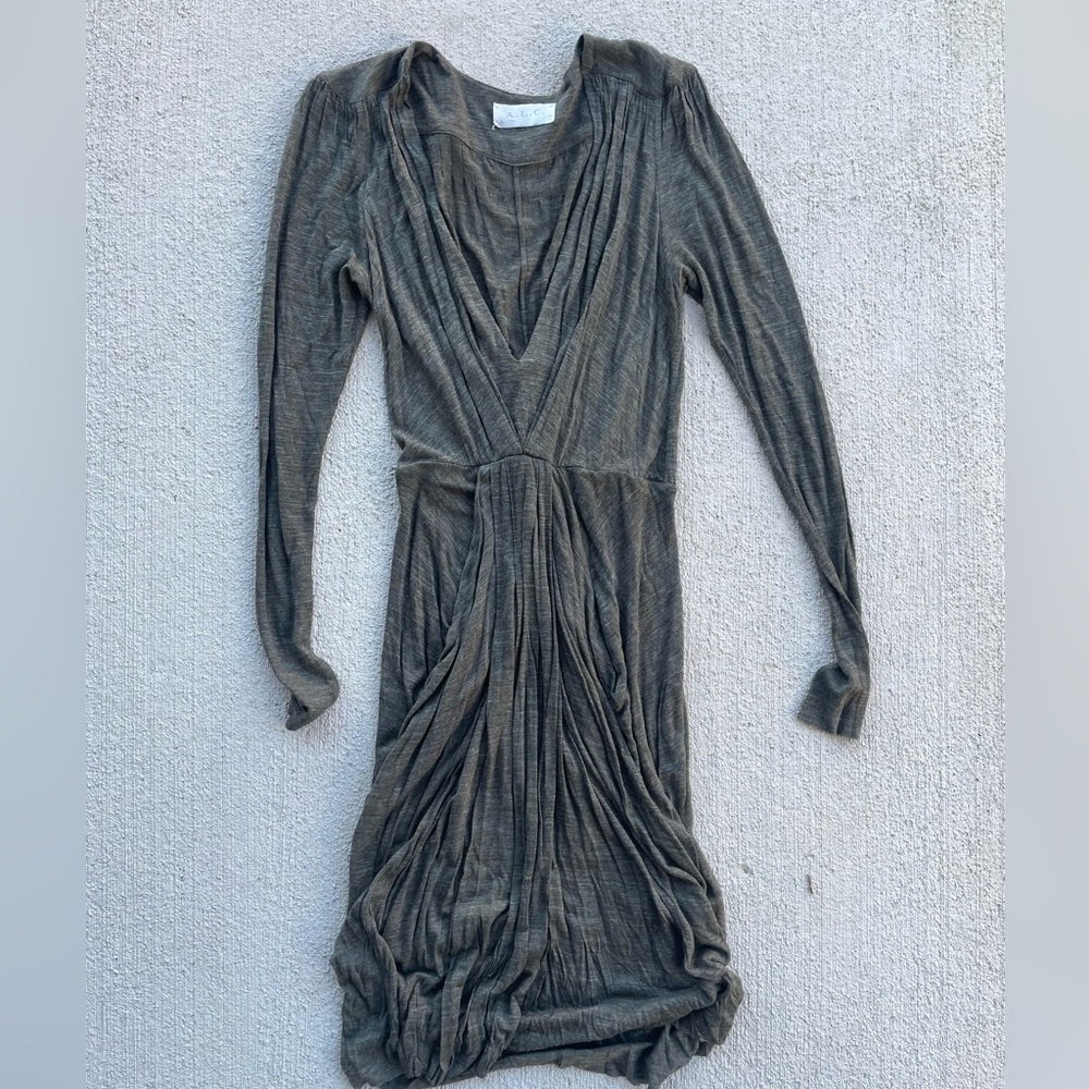 A.L.C. Ruched Long Sleeve Bodycon Midi Dress XS Deep V Designer